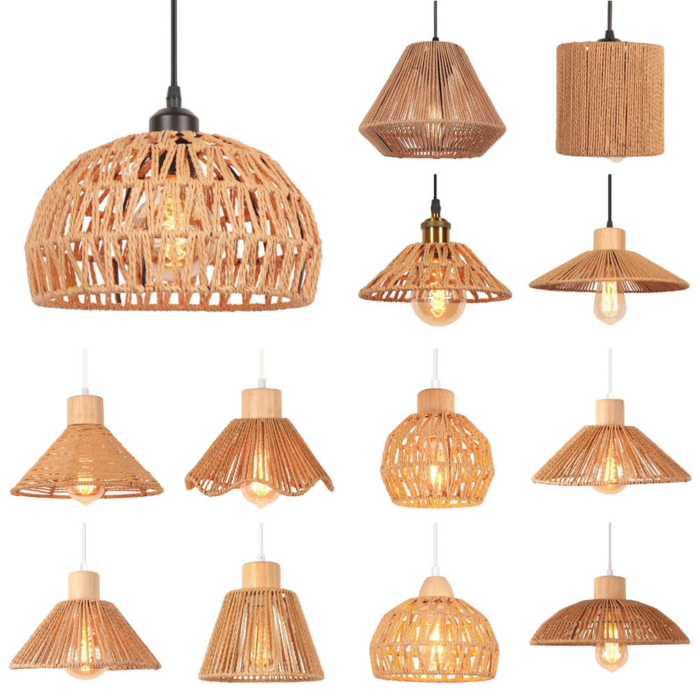 Boho Rattan Pendant Light Fixture Vintage Industrial Hand Woven Hemp Rope Hanging Lamp Retro Wicker Basket Ceiling Chandelier