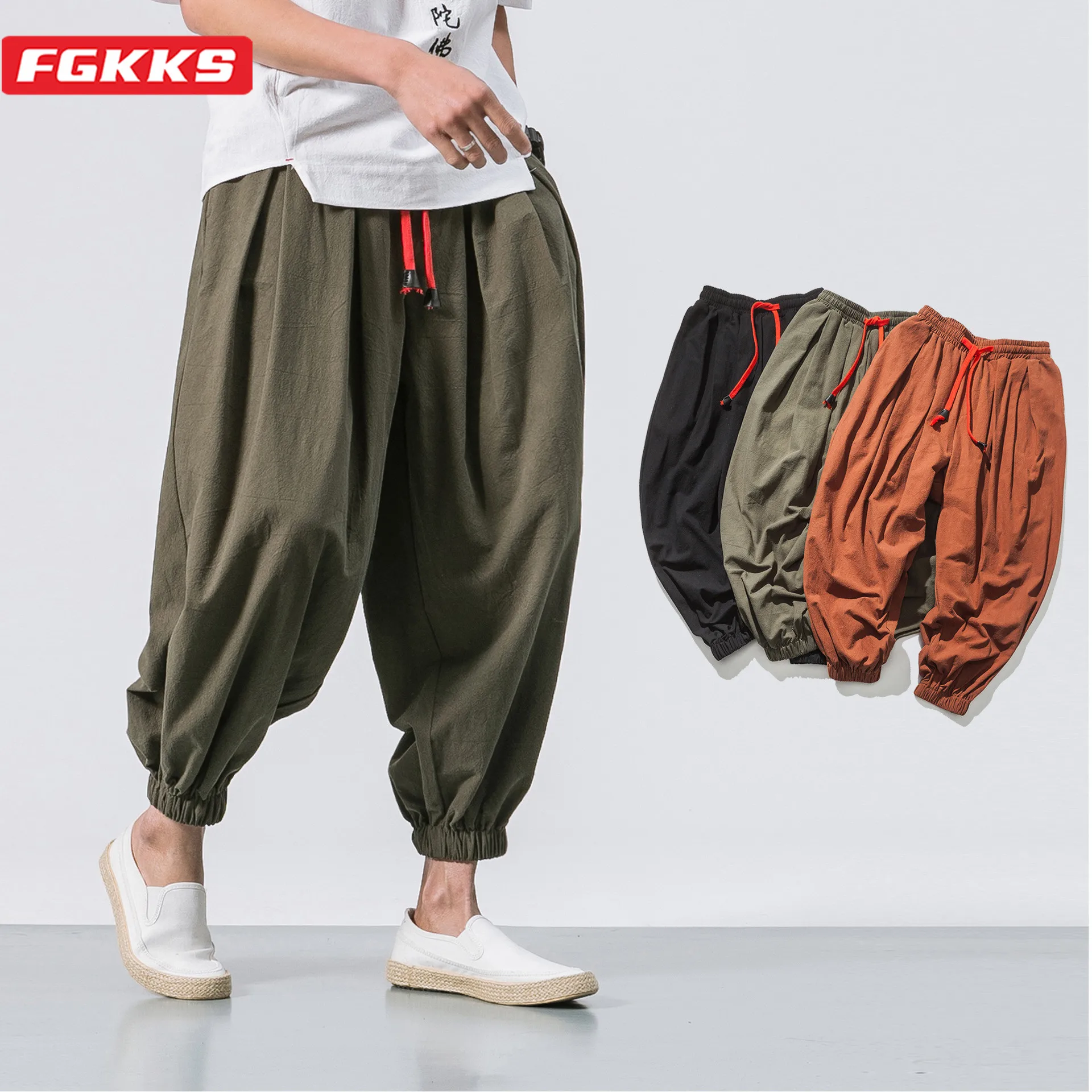 FGKKS ربيع الرجال فضفاض سراويلي حريمي الكتان الصيني زيادة الوزن Sweatpants عالية الجودة ماركة غير رسمية كبيرة الحجم بنطلون الذكور
