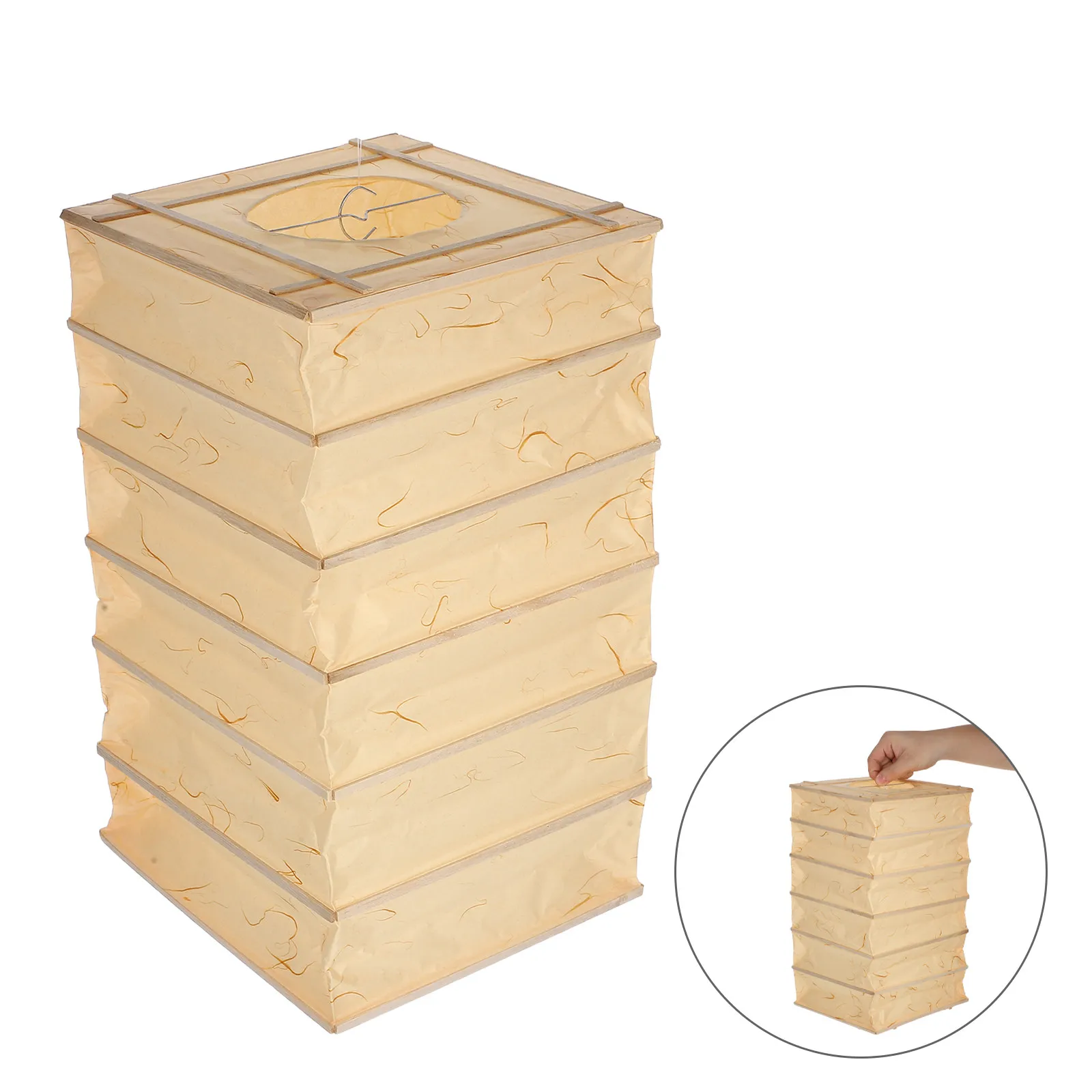 Foldable Rectangular Paper Lantern Shade with Bamboo Strips – Japanese Style Ceiling Hanging Light Decor