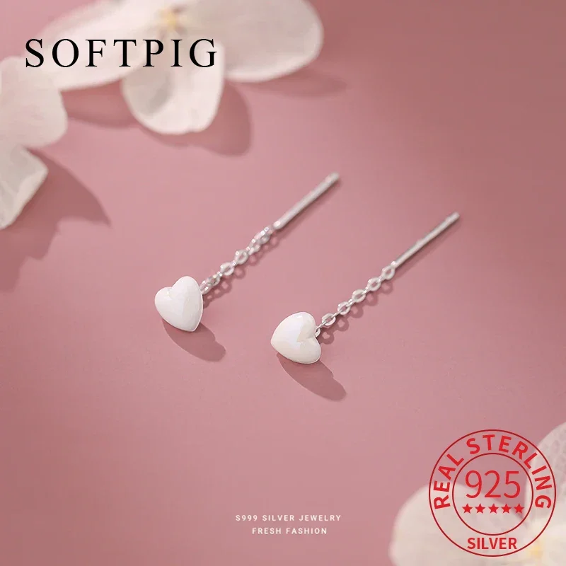 

SOFTPIG Real 925 Sterling Silver Heart Short Chain Tassel Stud Earrings for Women Cute Fine Jewelry Light Luxury Accessories