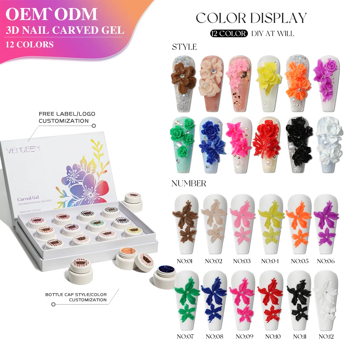 

Vendeeni Korea 3D Nail Carved Gel TPO HEMA FREE Three-dimensional Effect Model Gel 12 Colors Uv Gel Nail Kit