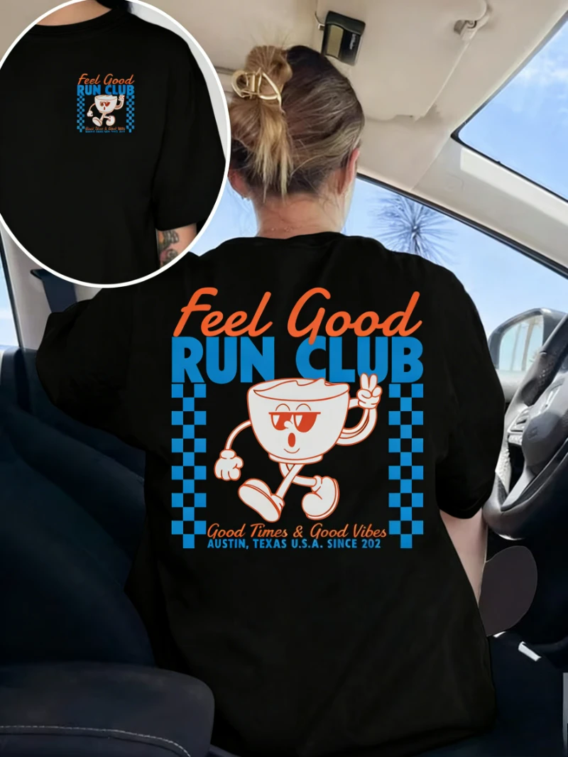 Feel Good Run Club Retro Coffee Mascot Graphic T-Shirt,Casual Short Sleeve Crew Neck Top, Trendy Summer Daily Wear Tee for Women