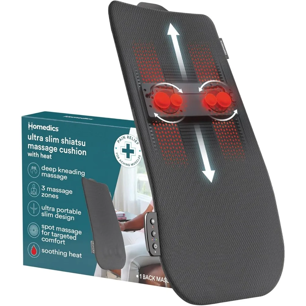

Homedics Ultra Slim Shiatsu Massage Cushion with Heat, Full Back Coverage, Deep Kneading Massage, 3-Zone Control (Upper, Lower,
