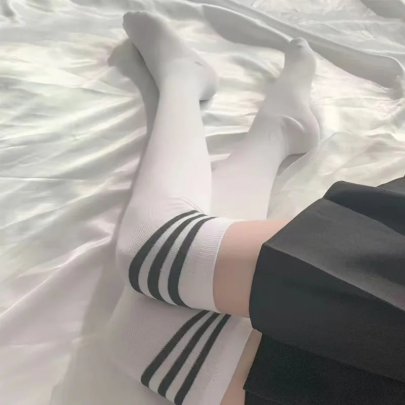 Chaussettes rayées noires et blanches pour femmes, Lolita, Cuissardes, Bas, Mince, Fille, Jambe longue, Mignon, Doux, Kawaii