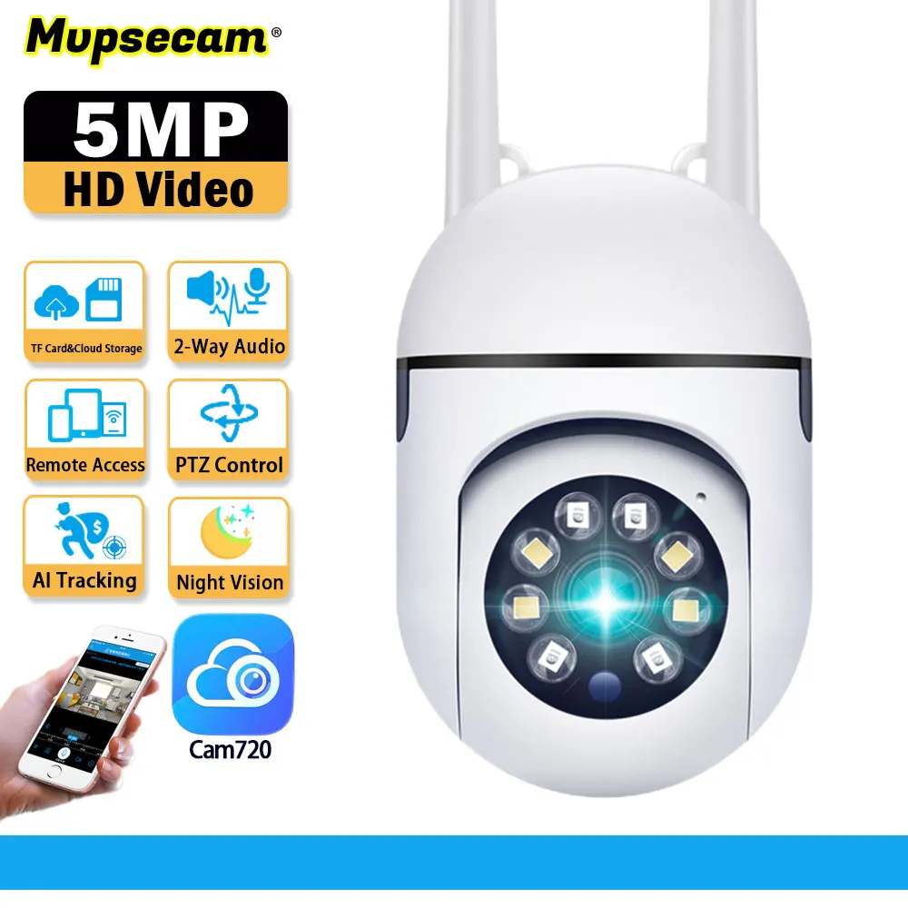 

5-мегапиксельная PTZ IP-камера, умный дом, цветная камера ночного видения с автоматическим отслеживанием, Wi-Fi камера безопасности, двусторонняя аудиокамера видеонаблюдения, камера видеонаблюдения