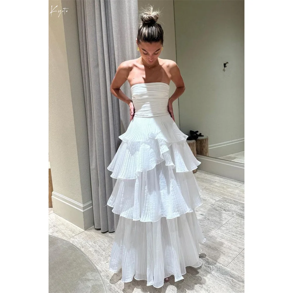 

Customized Simple White Tiered Ruffles Wedding Dress Strapless A-line vestidos de novia Floor-length Zip Back Formal Evening