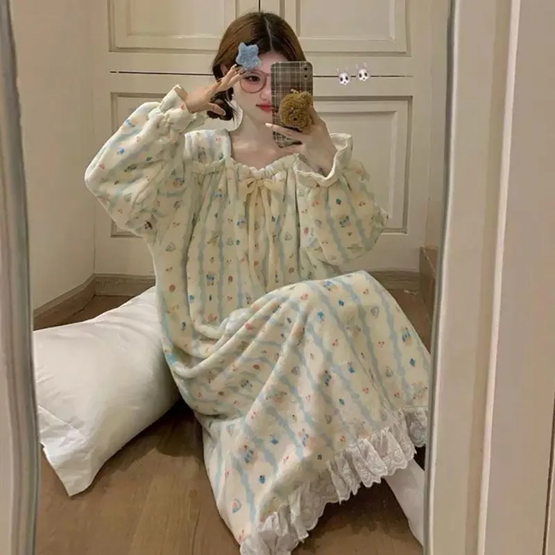 

Girls' Flannel Pajamas for Women, Autumn and Winter New Cute Princess Style Nightdress, Thickened and Warm Homewear
