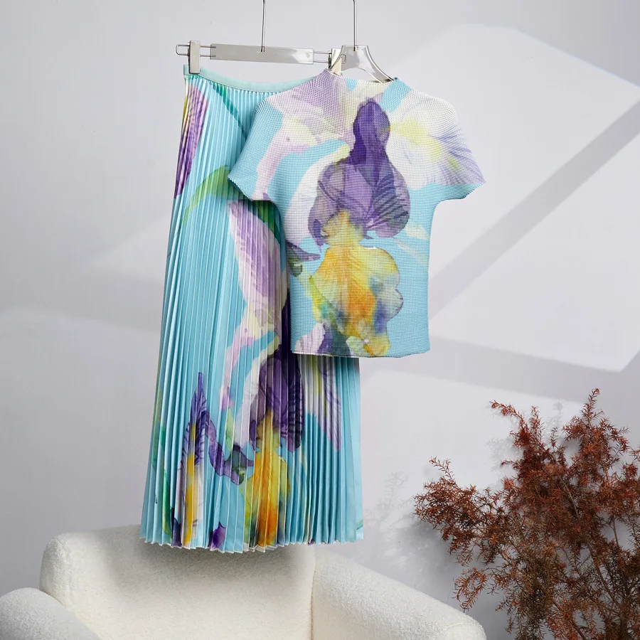 Miyake Pleated New Corn Fold Flower Print Short Sleeve T-Shirt + Fashion A-Line Pleated Long Skirt Set Two Piece Suit Summer