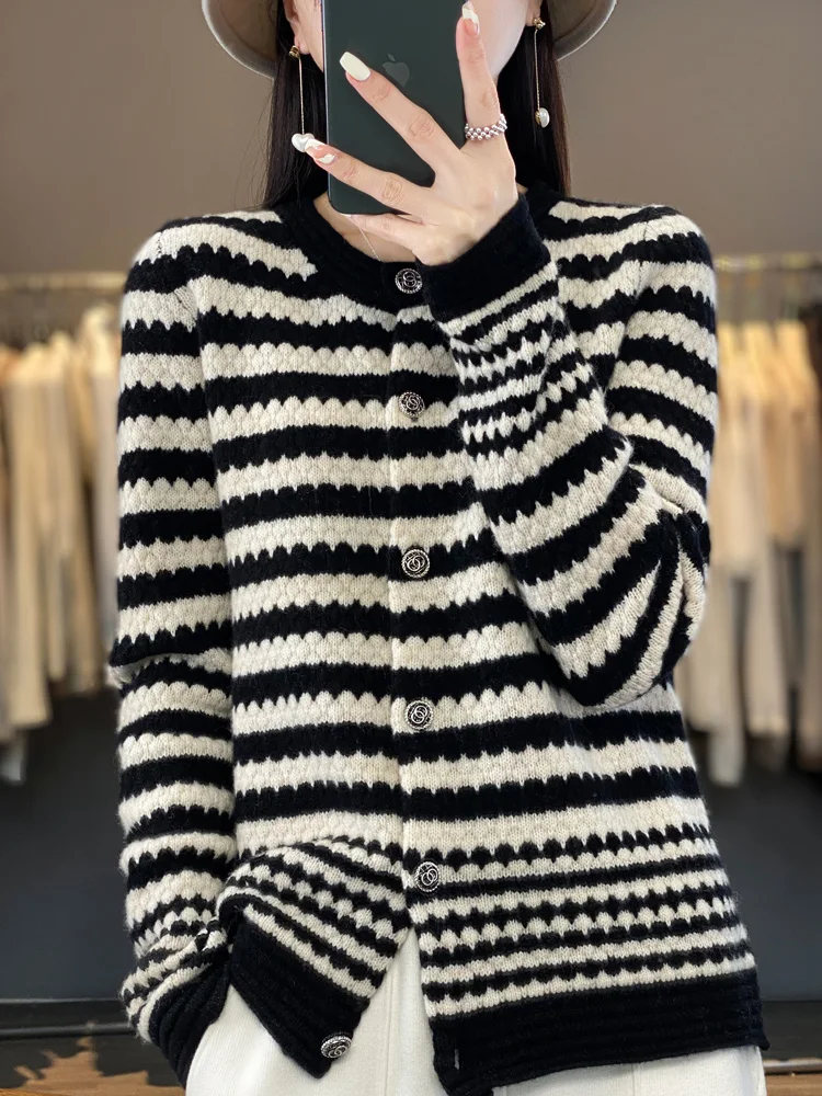 Autumn Winter Women Striped Cardigan 100% Merino Wool Knitwear O-neck Long Sleeve Cashmere Sweater New Female Clothing Top