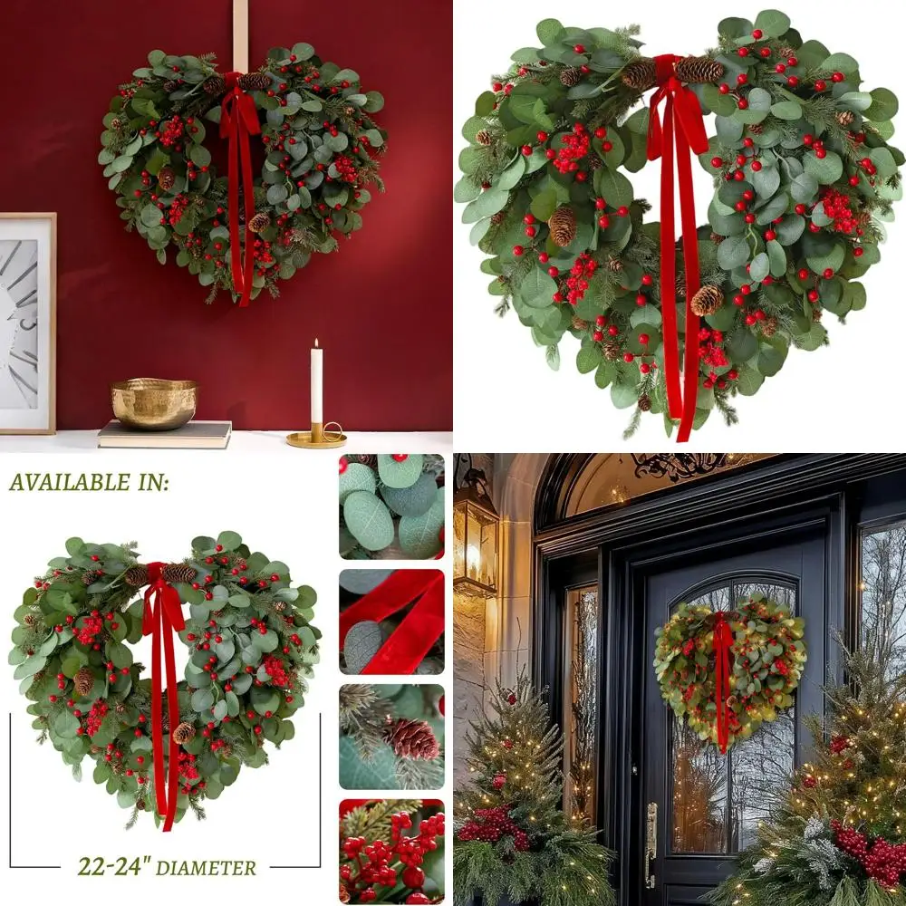 

24 искусственных рождественских венок из красных ягод и сосны с огнями, декор для улицы и внутренней двери