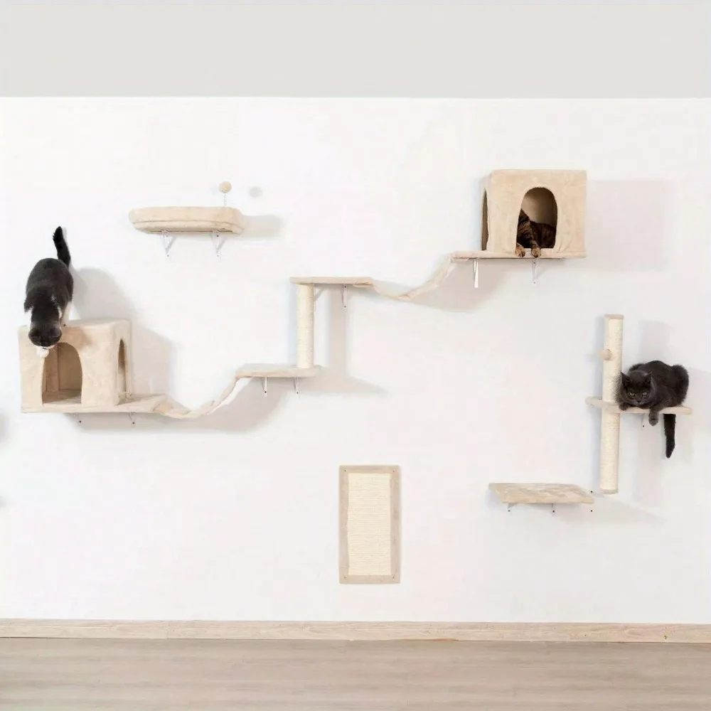 

Modern Wall Mounted Cat Furniture Mounted Climber Set with House, Bridge, Tree, Step Grab