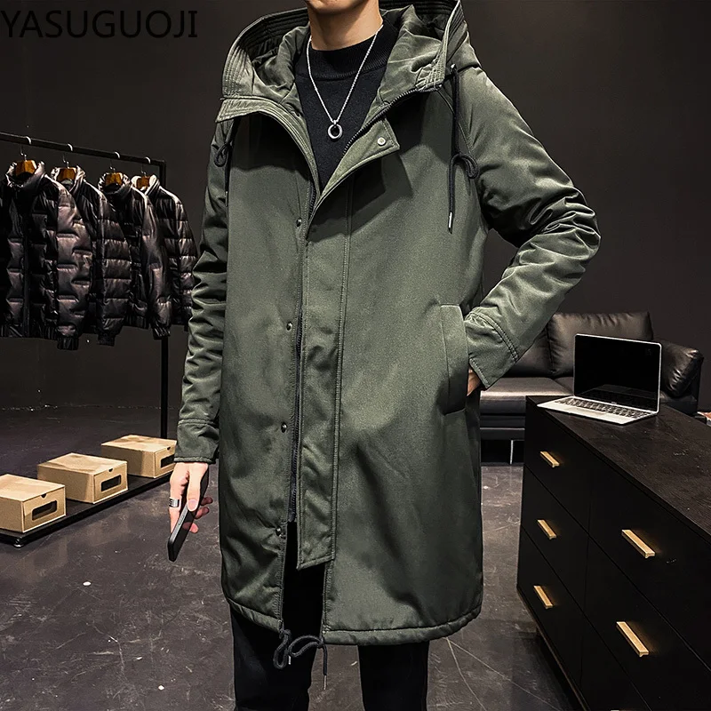 YASUGUOJI Mens Autumn and Winter Thicken Hooded Windbreaker 2024 Military Army Green Long Jacket Male Denim Trench Coat For Men