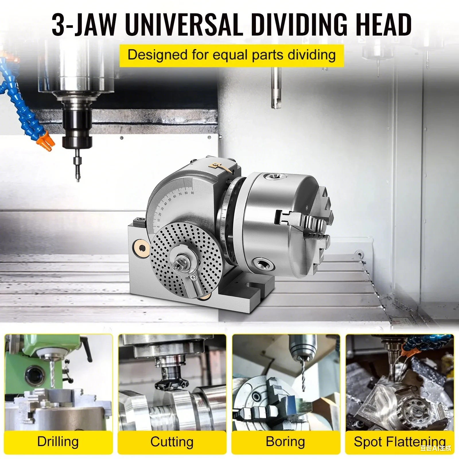 Kepala Pembagi Presisi Universal Sihao BS-4in/5in/6in 3-Jaw Indexing Head Tailstock & Chuck untuk Pengeboran, Penggilingan, dan Pengasahan