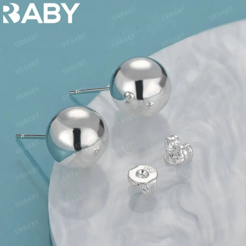 

URBABY 925 Sterling Silver 10mm Round Bead Stud Earrings For Women Fashion Simple Grace Jewelry Party Wedding Accessories