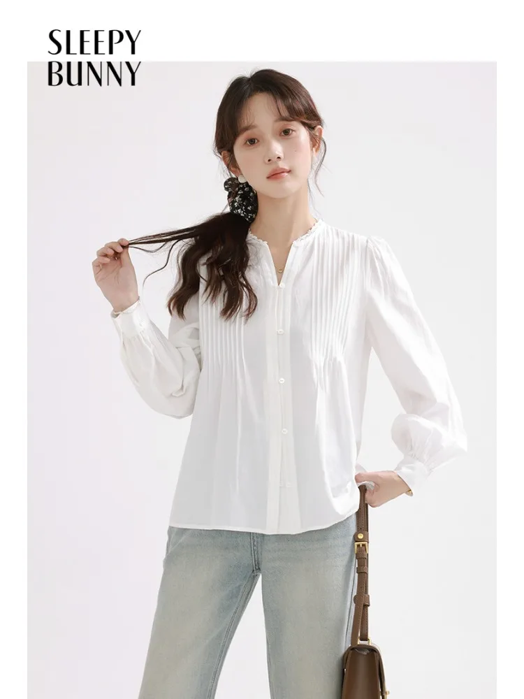 

Women Elegant Vintage Lantern Sleeve Blouse French Style V Neck Long Sleeve Shirt Loose Fit Casual Chic Top Autumn Office Wear