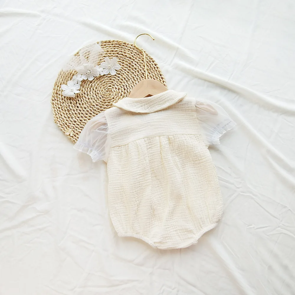 Newborn Baby Girl Lace Bodysuit+Headband 2pcs Sets Beige Bodysuits Outfit Photography Clothing