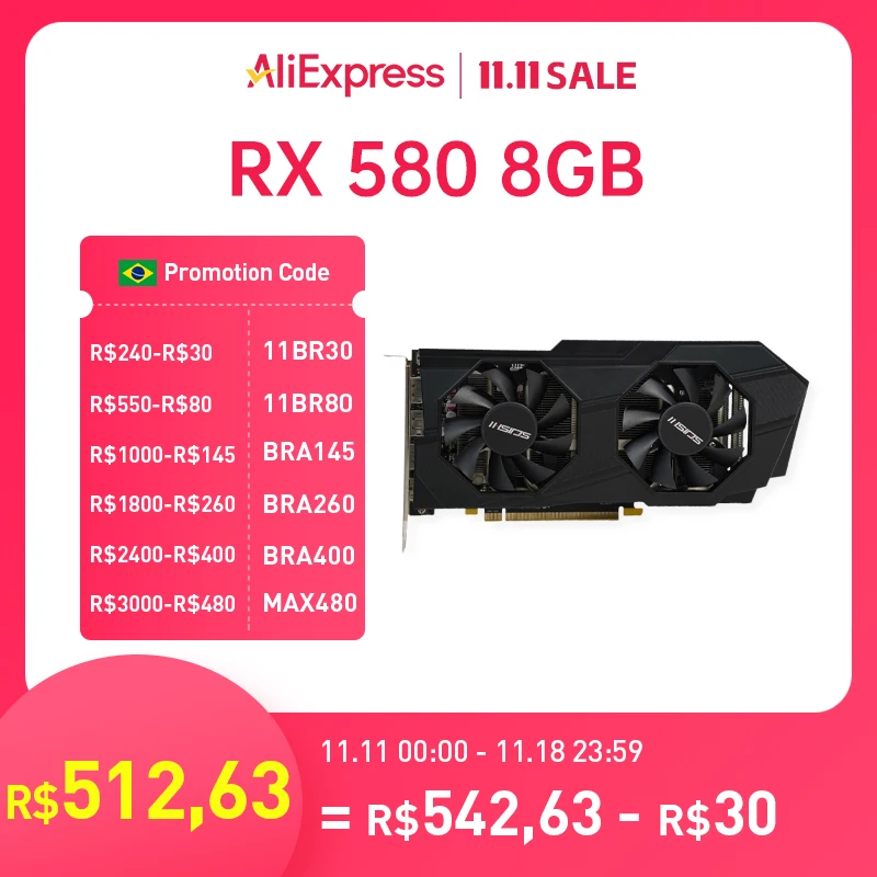 SEJISHI RX 580 8GB placa de video GDDR5 256Bit Gaming Card GPU Video Card AMD Radeon RX580 8G Graphics Card For PC Desktop