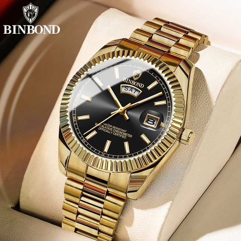 Reloj de cuarzo BINBOND para hombre, marca deportiva, acero inoxidable resistente al agua, fecha y día, pulsera 3
