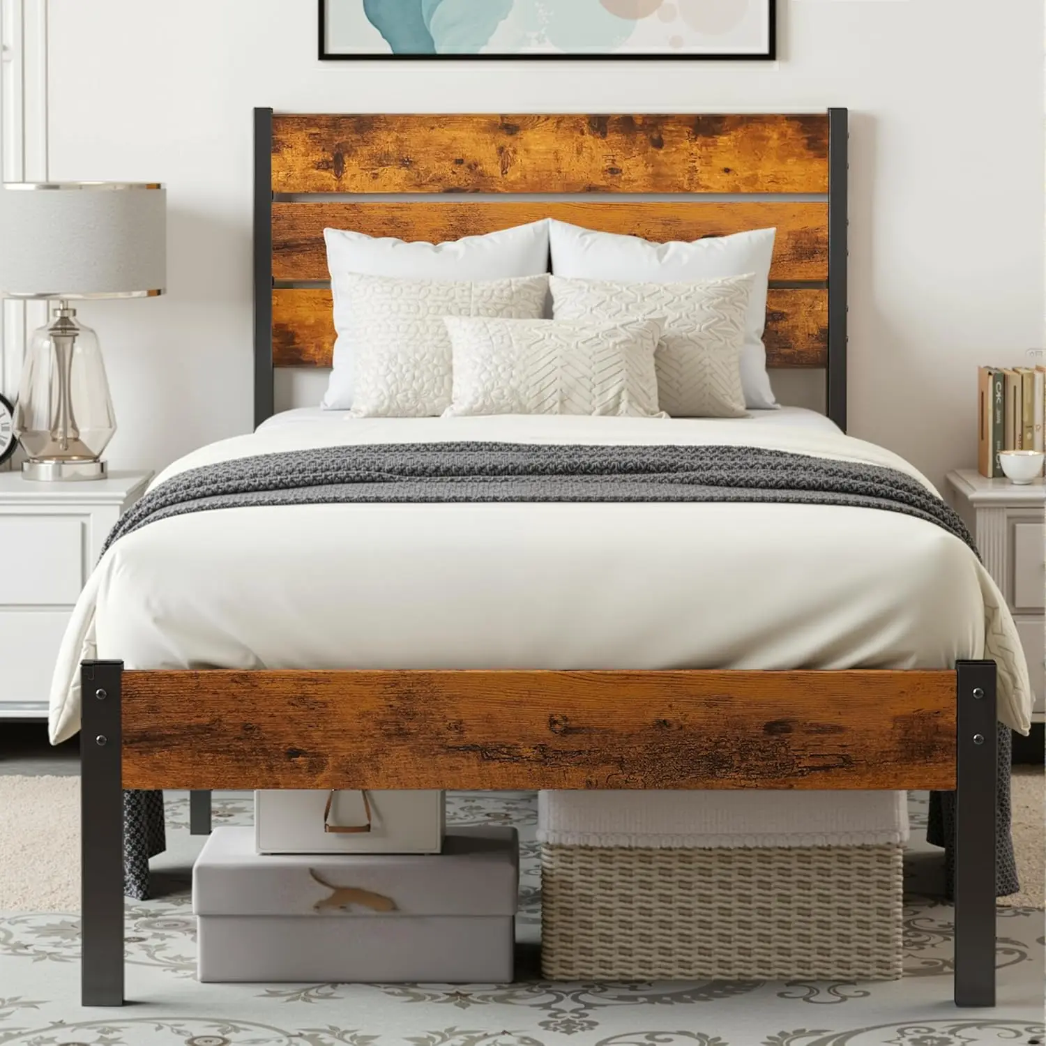 

Каркас кровати размера Twin с изголовьем и изножьем, металлический каркас кровати-платформы с деревянными ламелями, прочная основа для матраса