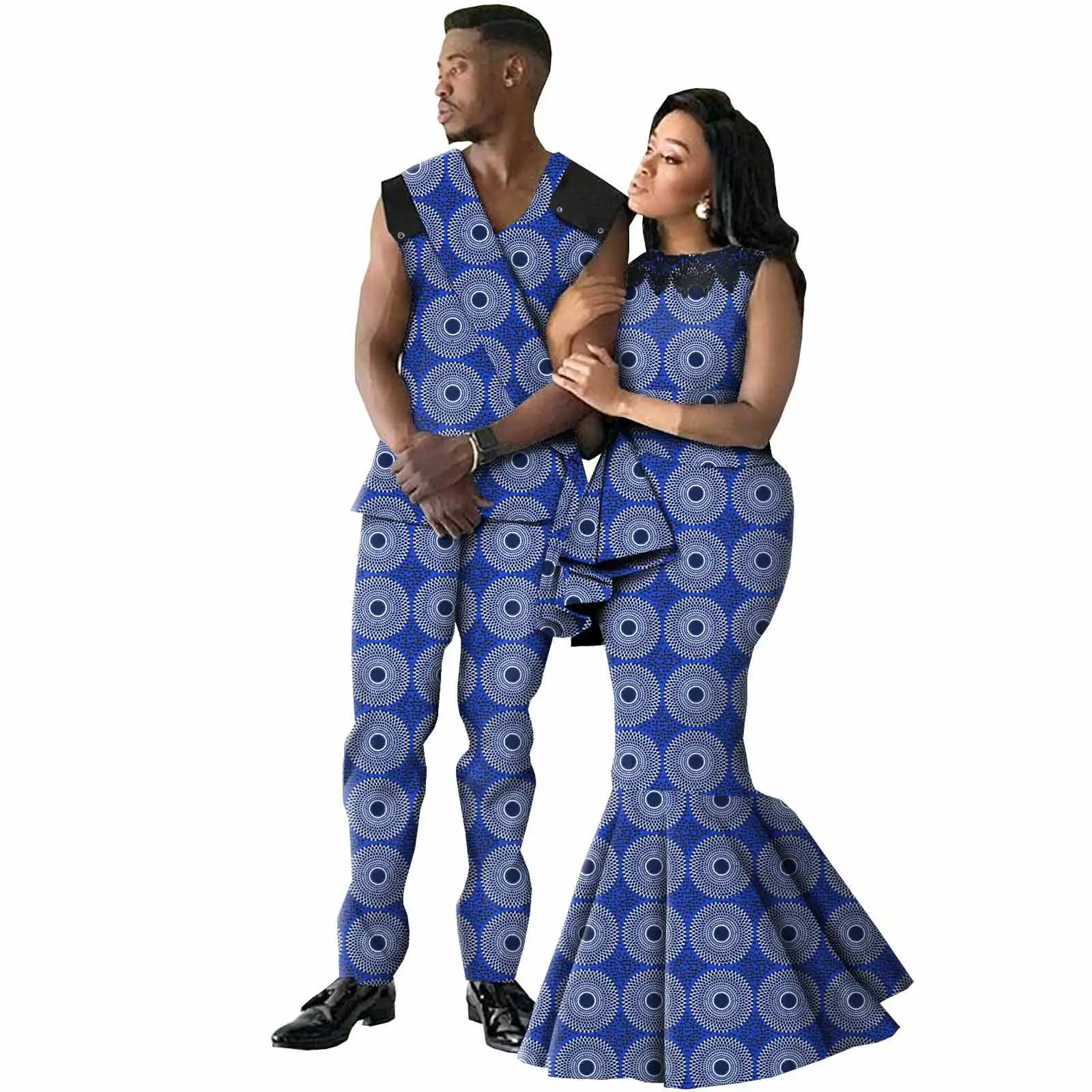 Roupas africanas para casais, roupas dashiki, mulheres, estampa sereia, vestidos longos, combinando, masculino, conjuntos de top e calça, bazin rico a21c001