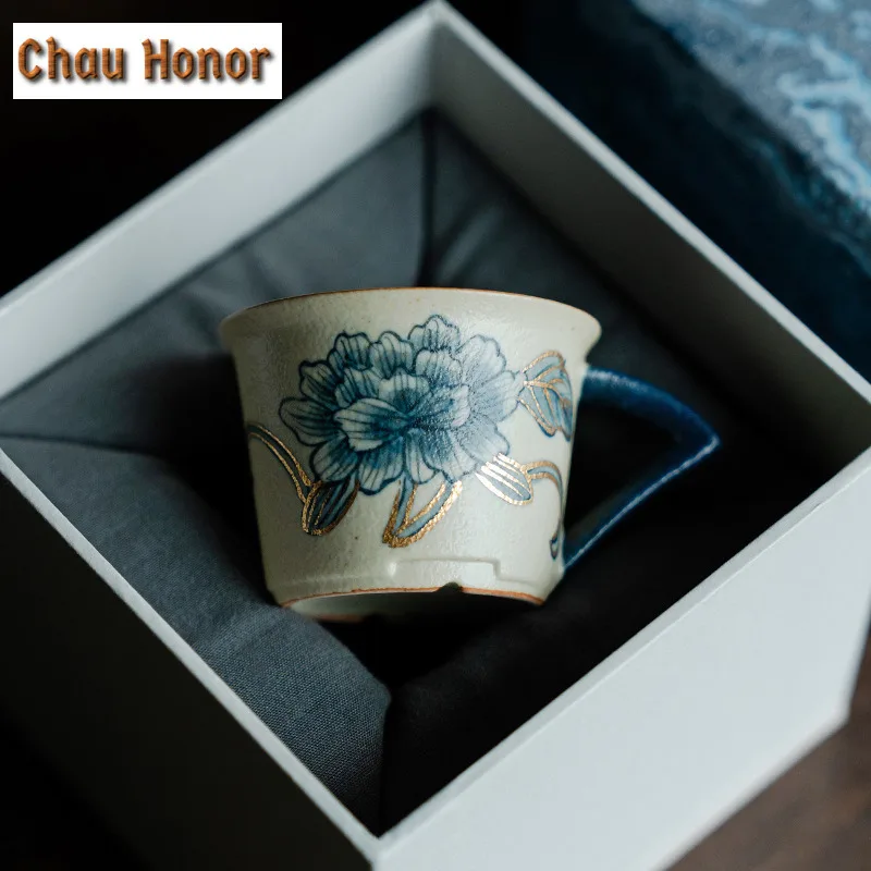 55ml Blue And White Flint Red Teacup Handmade Gold Drawing Peony Flower Tea Bowl Sample Tea Cup Master Cups For Tea Drinkware