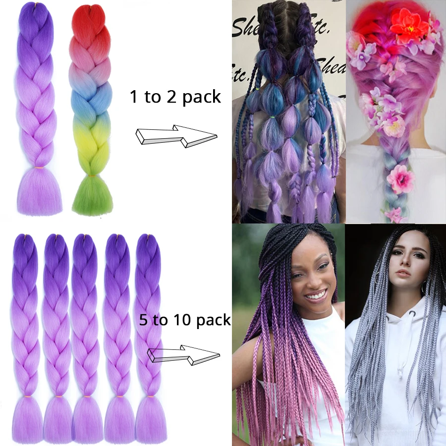 24\'\' 100G Synthetic Jumbo Braiding Hair Ombre Rainbow Hair Extensions Festival Jumbo Crochet Hair Weaving Box Braids Hairpieces