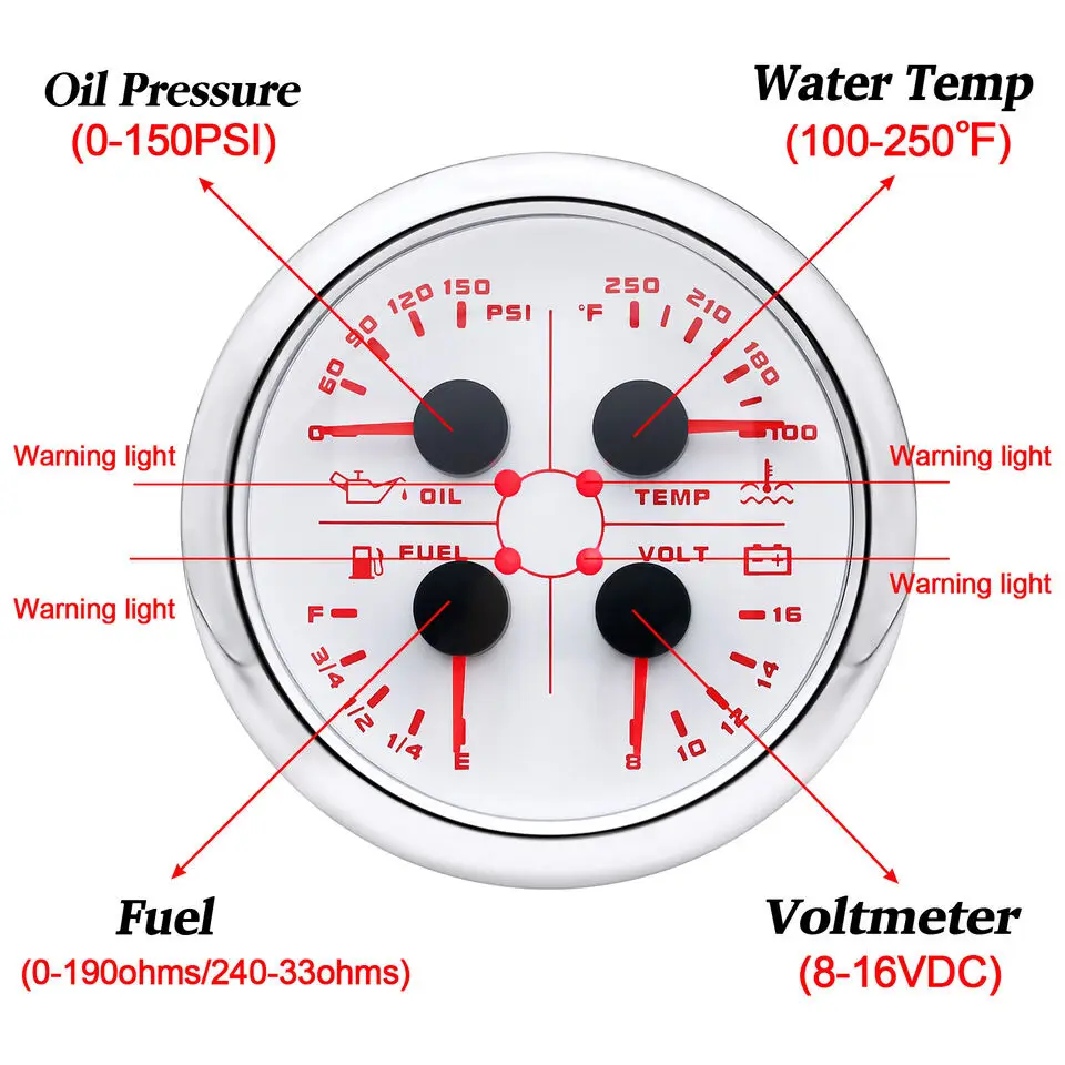 85mm 보트 4 In 1 다기능 게이지 연료 레벨 240-33ohm 오일 압력 온도 볼트