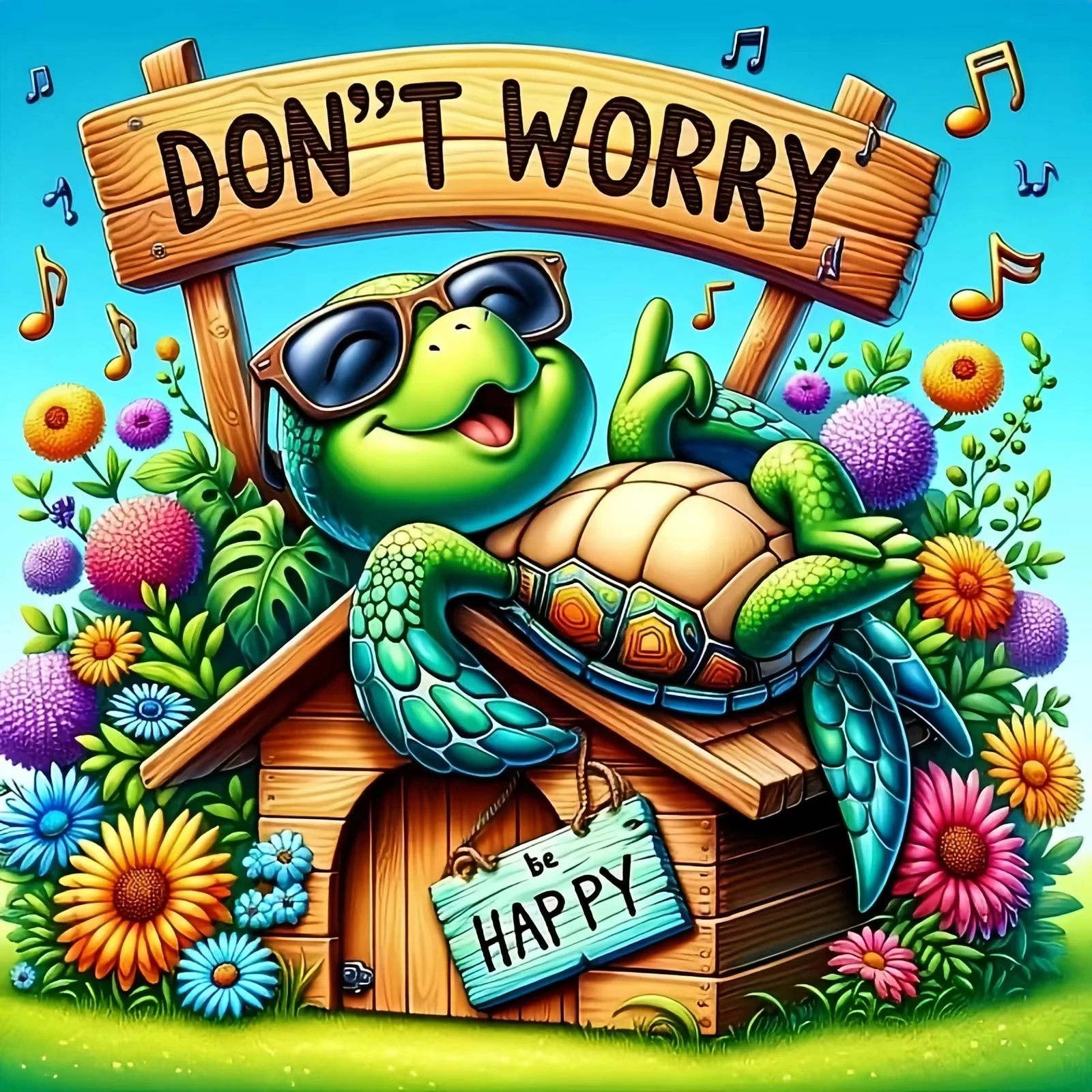 

DIY Don't Worry Be Happy Turtle Jigsaw Puzzle, Cute Sunglass Turtle with Positive Quote for Living Room Wall Decor
