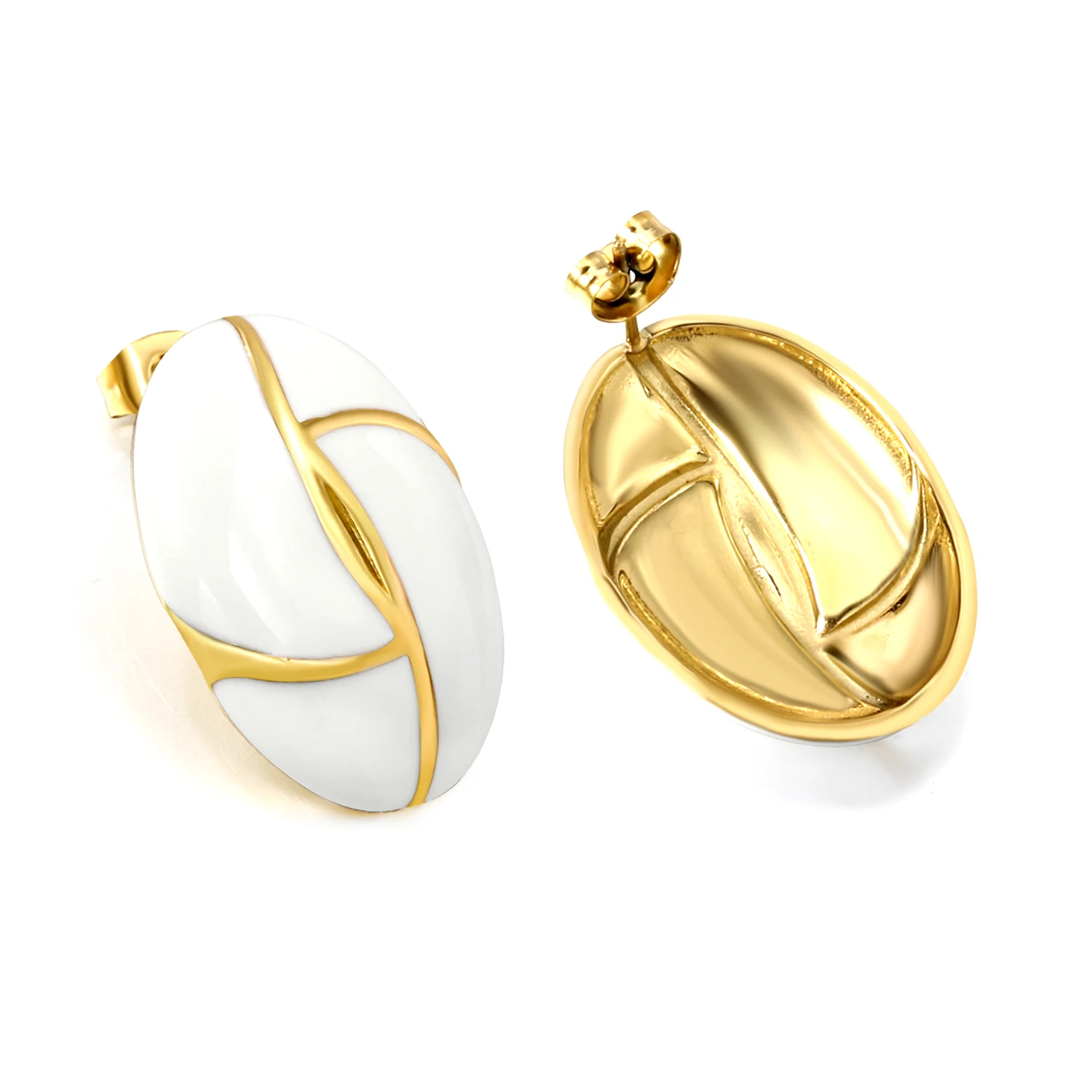 LUXUSTEEL New Women's Classic And Elegant Oval With Edge Pattern White Oil Dropping Earrings waterproof Stainless Steel Jewelry