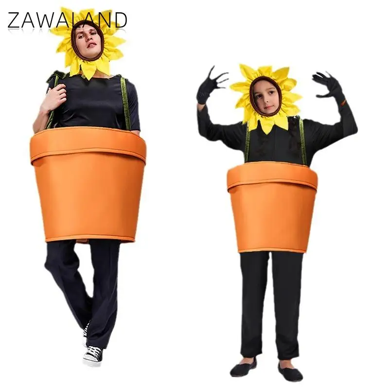 Zawaland Fancy Sunflower Pot Costume Adult Boy Girl Carnival Disguisement Clothes Family Matching Suit Performance Show Dress Up