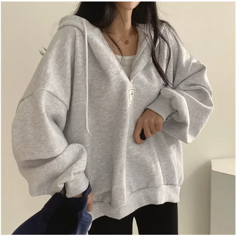 Oversize Hooded Tops Sweatshirts Solid Korean Long Sleeve Women High Street Pullovers Preppy Style Casual Y2k Sudadera Mujer