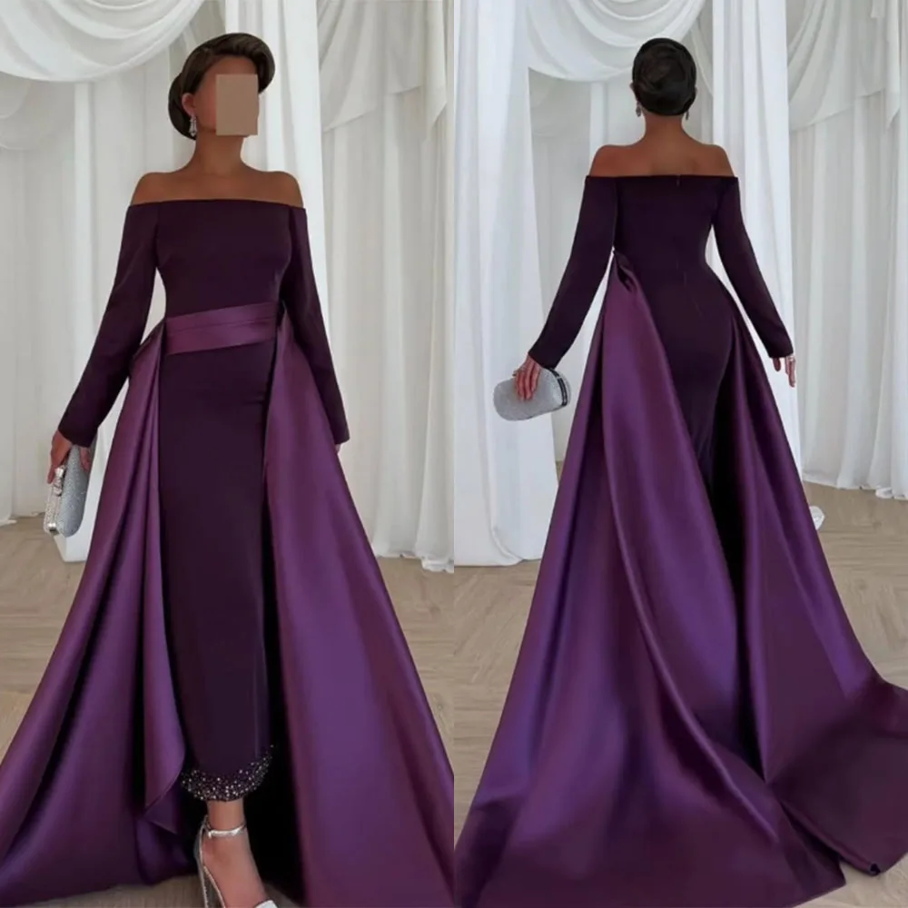 

High Quality Customized Strapless Ankle Length Purple Court Train Beaded Formal Backless Three Quarter Women Vestido De Fiesta