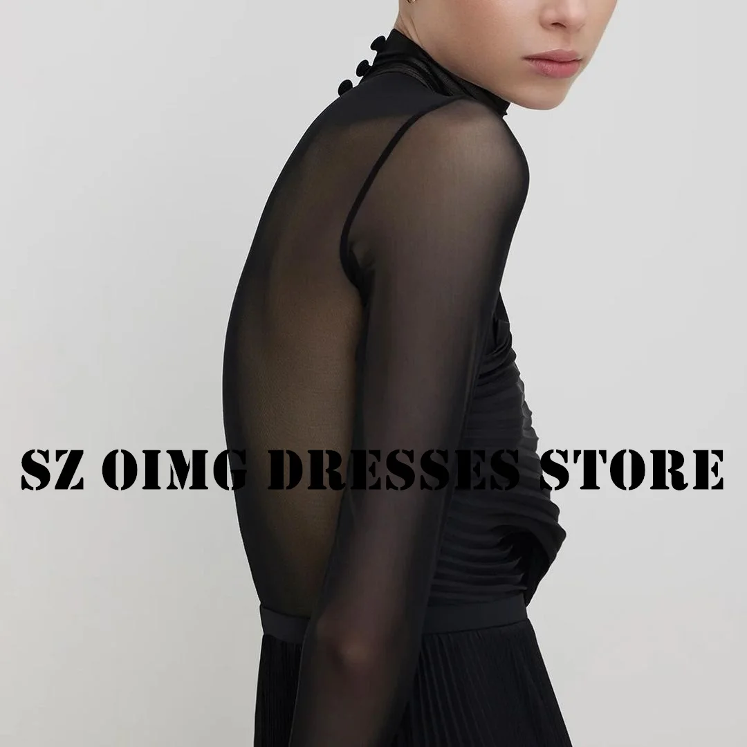 OIMG New Design High Neck Prom Dresses Arabic Women Short Sleeves Chiffon Black Pleated Evening Gowns Formal Party Dress