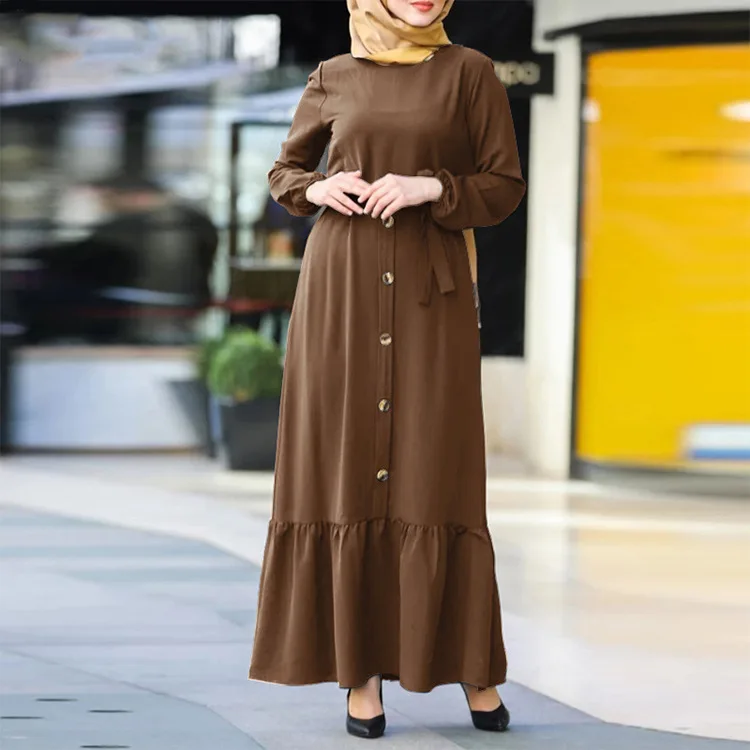 

New Long Sleeve Autumn Islamic Women Round Neck Midi Dresses Arab Printed Long Skirt Large Swing Type Head Over Heels Dress