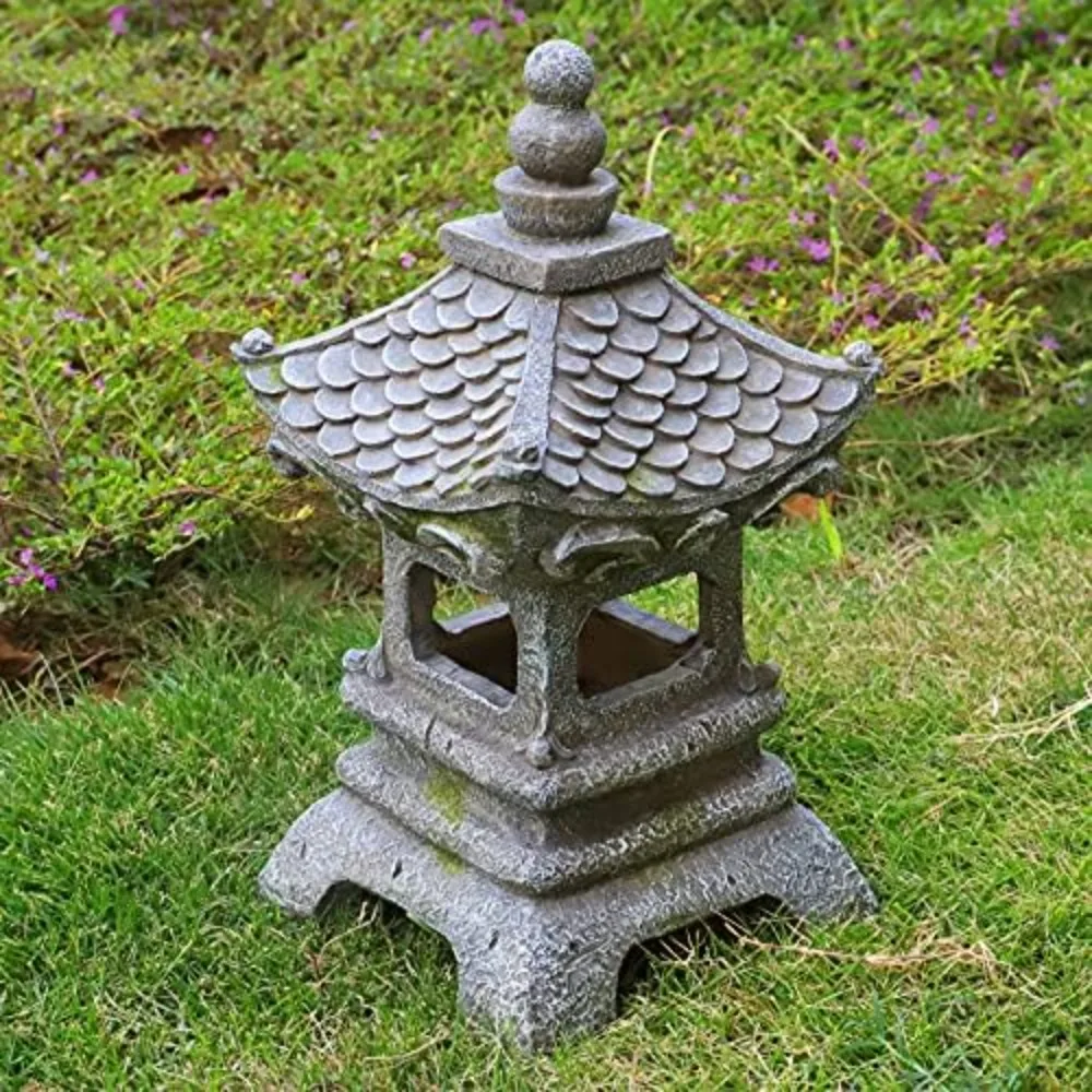 Asian Solar Zen Pagoda Garden Statue 14 Inch, Outdoor Japanese Lamp Lantern for Home Garden Landscape Décor (14 inch Pagoda)