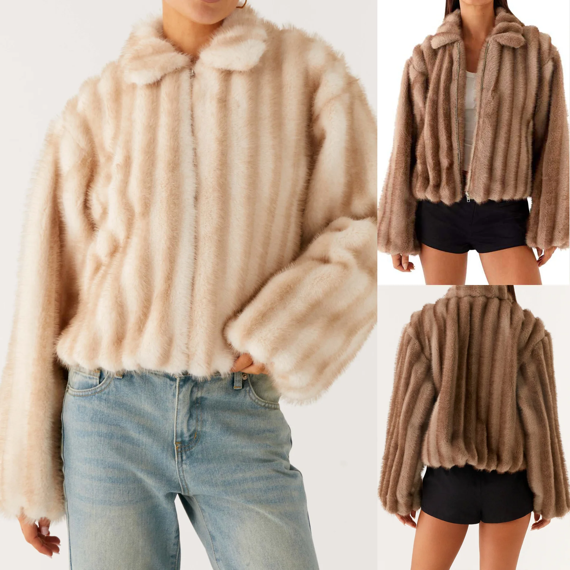 معطف نسائي من الفرو الصناعي بياقة مقلوبة وأكمام كاملة وسحاب ملابس خارجية نسائية موضة شارع العليا سميكة ودافئة ملابس خارجية للسيدات