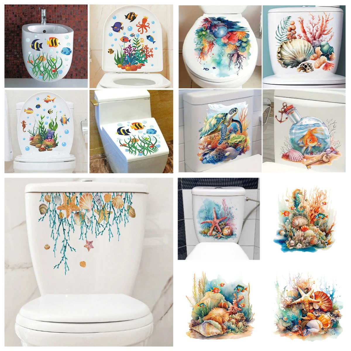 Underwater Coral Starfish Toilet Sticker Removable Waterproof Bathroom Decor Self-Adhesive Wall Decals for Bathroom Makeover