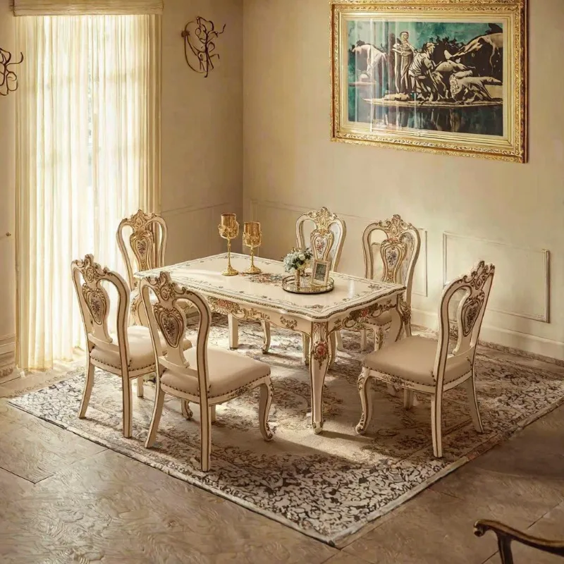 Luxury 6-Seater Royal Dining Table and Chair Set European Antique Design in White Solid Wood Carving Home Furniture