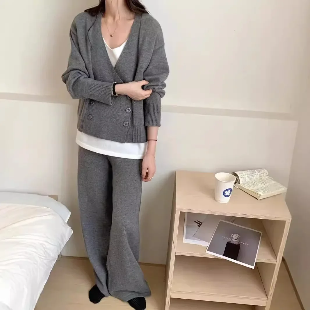 SuperAen Autumn and Winter New Women Korean Style Loose Knitting Sweater Fashion Casual Wide-leg Pants Two-piece Set