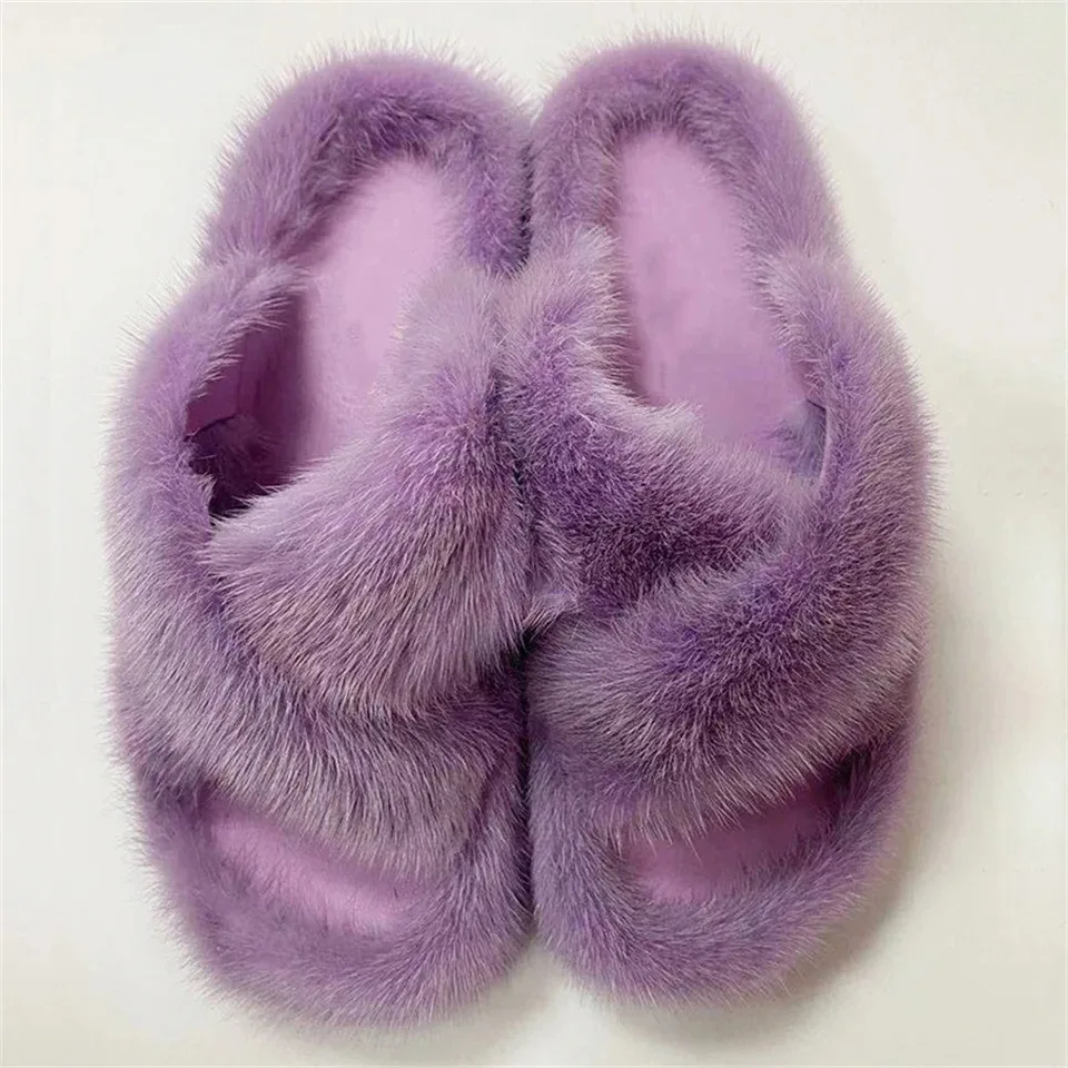 Flauschige Echte Nerzfell-Damenhausschuhe für Innenbereich Herbst Winter Luxus-Designer-Slipper Lässige Hauspantoffeln aus Flauschigem Nerzfell – Detail 2