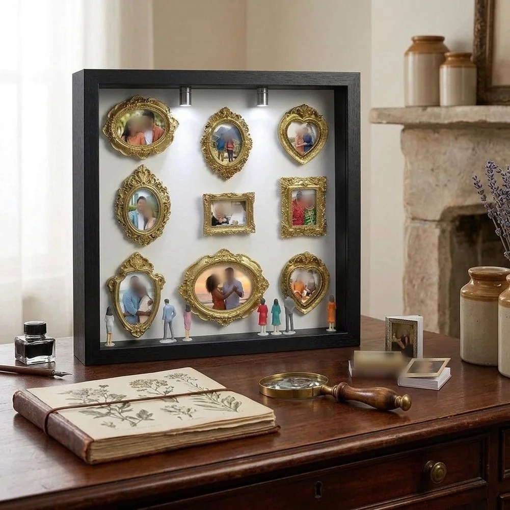 Memory-Aware Shadow Box Kit with 8 Gold Frames and 8 Figurines for Intentional Curation of Significant Life Chapters