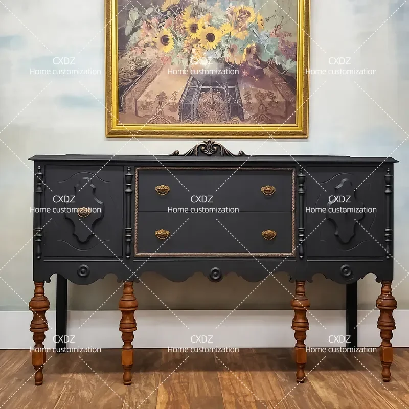 Solid Wood Dining Side Cabinet Retro Black Engraved Entrance Living Room Decorative Storage Cabinet Wine Locker