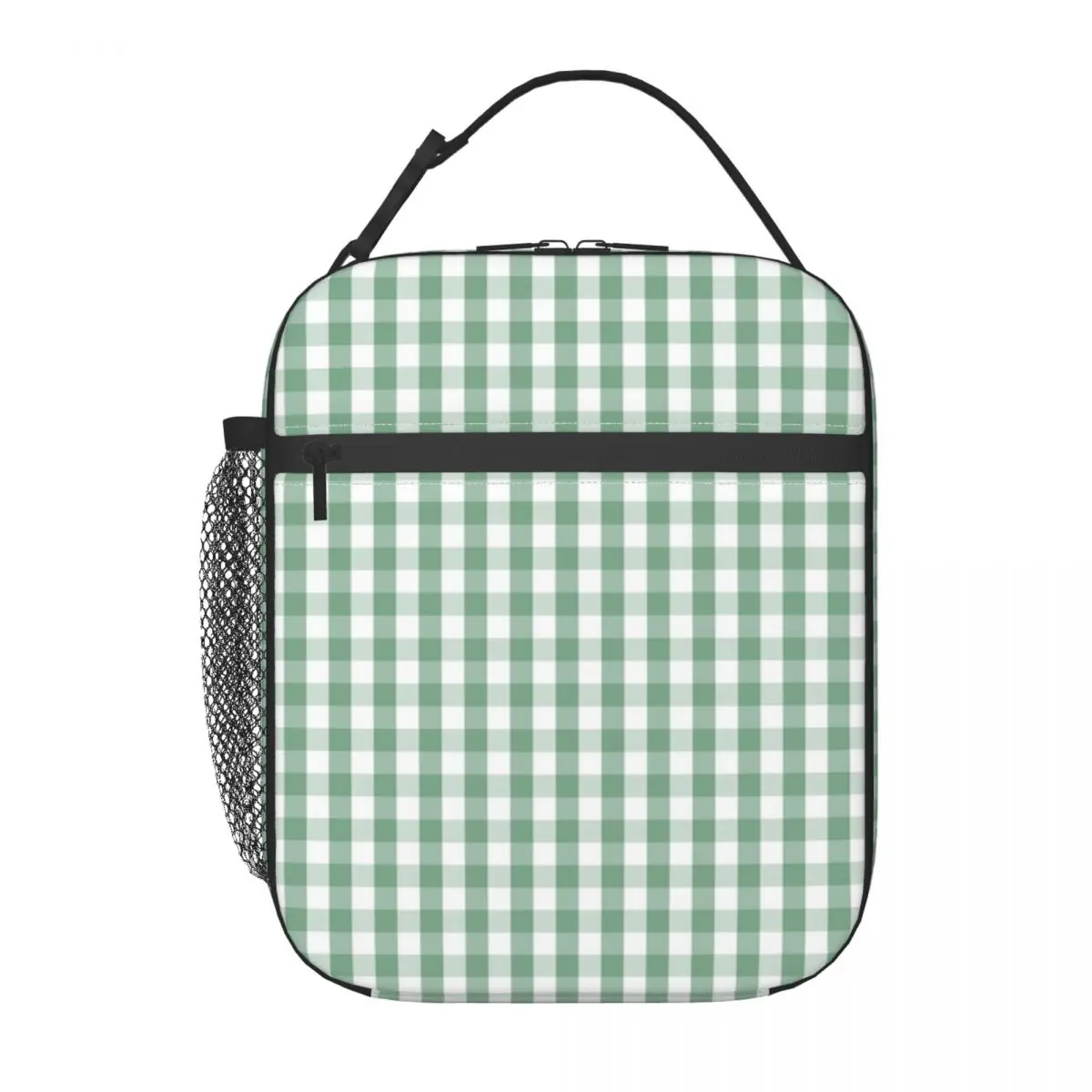 Moss Green Mini Gingham Check Plaid Custom Portable Lunch Box Cooler Thermal Food Insulated Lunch Bag Kids School Children