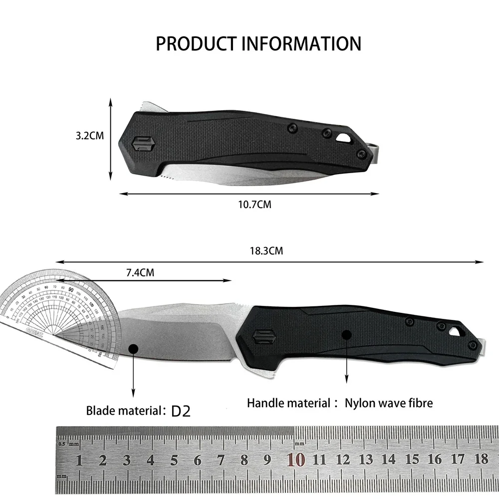 2041 Pocket Flipper Knife D2 Steel Blade Survival Jackknife Outdoor Utility Multi-purpose Folding Knife Nylon Wave Fiber Handle