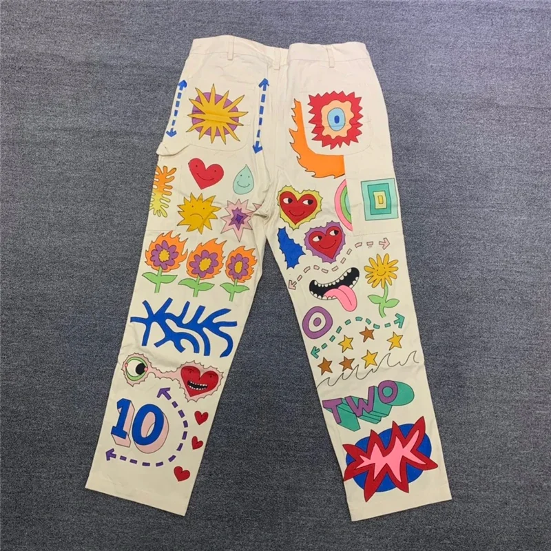 

Top Version High Street Apricot Vintage Hand Drawn Cartoon pattern Cargo Pants Trousers