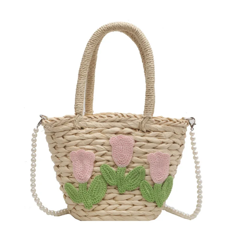 

Women Shoulder Bag Embroidery Hand-woven Straw Bag Summer Flowers Holiday Beach Tote Pearl Bag New Simple Drawstring Handbag