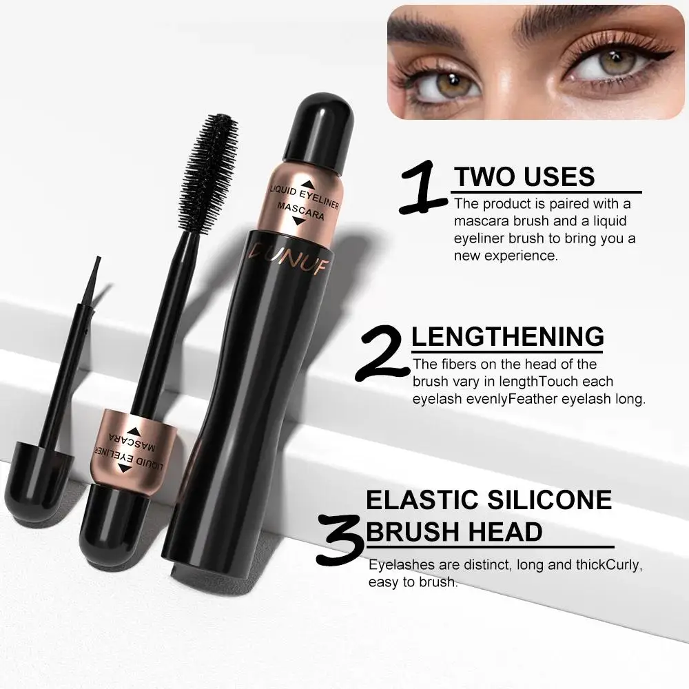 DUNUF Kit de delineador de ojos y máscara doble, sin manchas, alarga el volumen de rizo, resistente al agua, juego de maquillaje de ojos negro