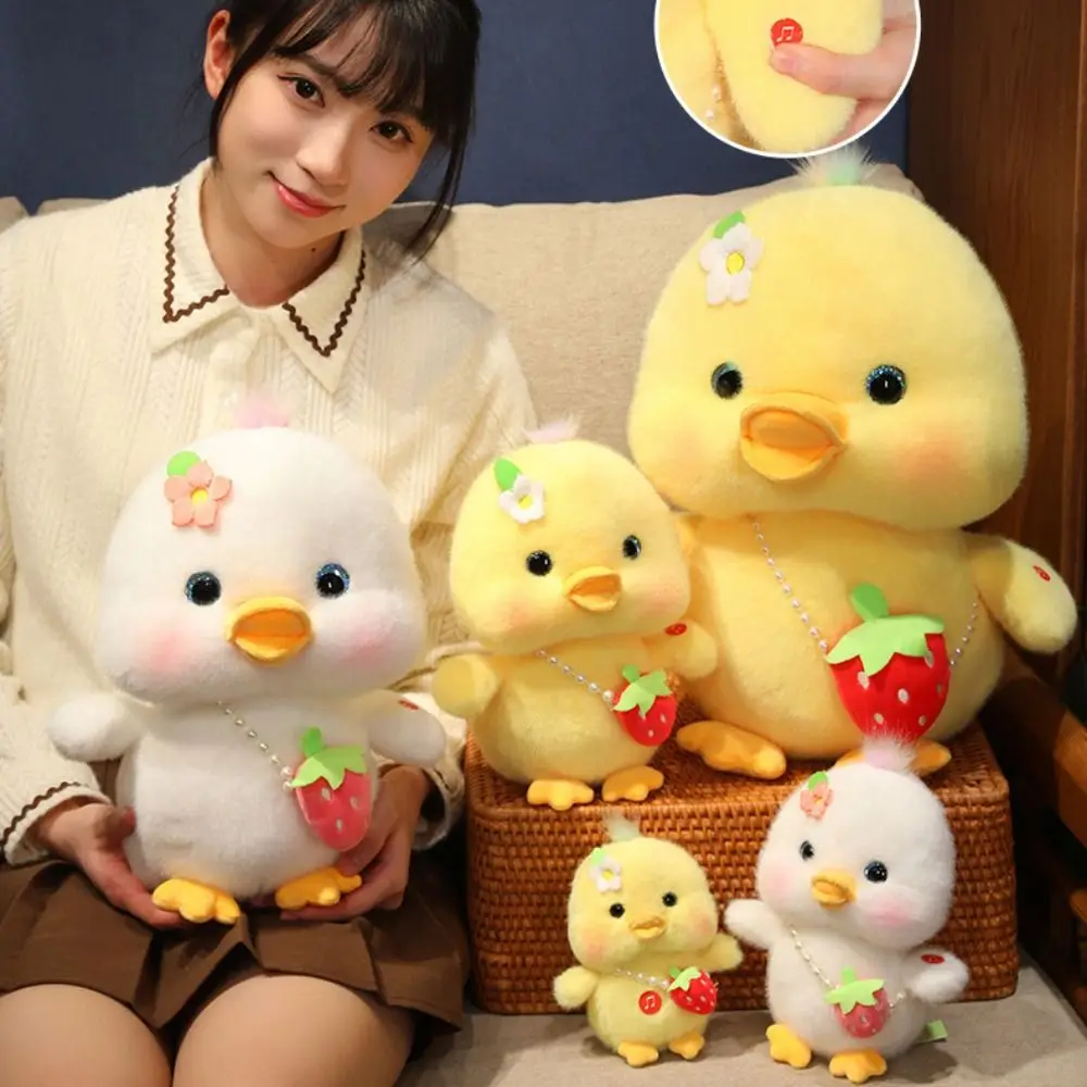 3d Eyes Pressing Music Duck Plush Toy Strawberry Hanging Bag Simulation Duck Plush Toy Stuffed Cute Yellow Duck Plush Doll