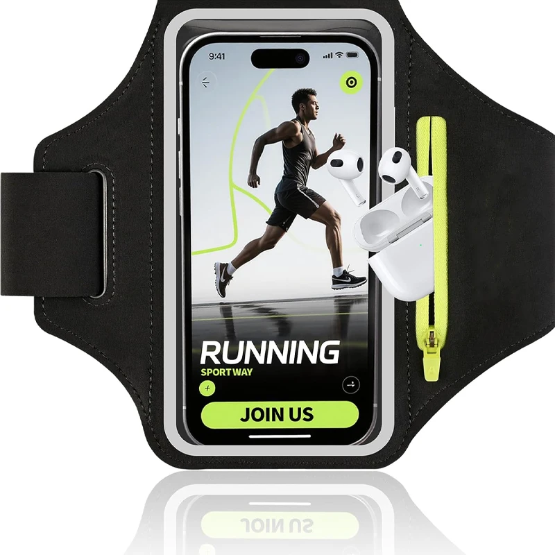 Running Armband with Earphone Bag for iPhone 17 16 15 Max Pro Plus Samsung  Phone Holder for Running with Card Slot Key Pockets