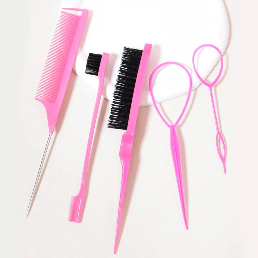 5pcs Hairdressing Tools Pointed Tail Comb Dual Head Eyebrow Brush Triple Row Comb Coiler Hair Salon Styling Comb
